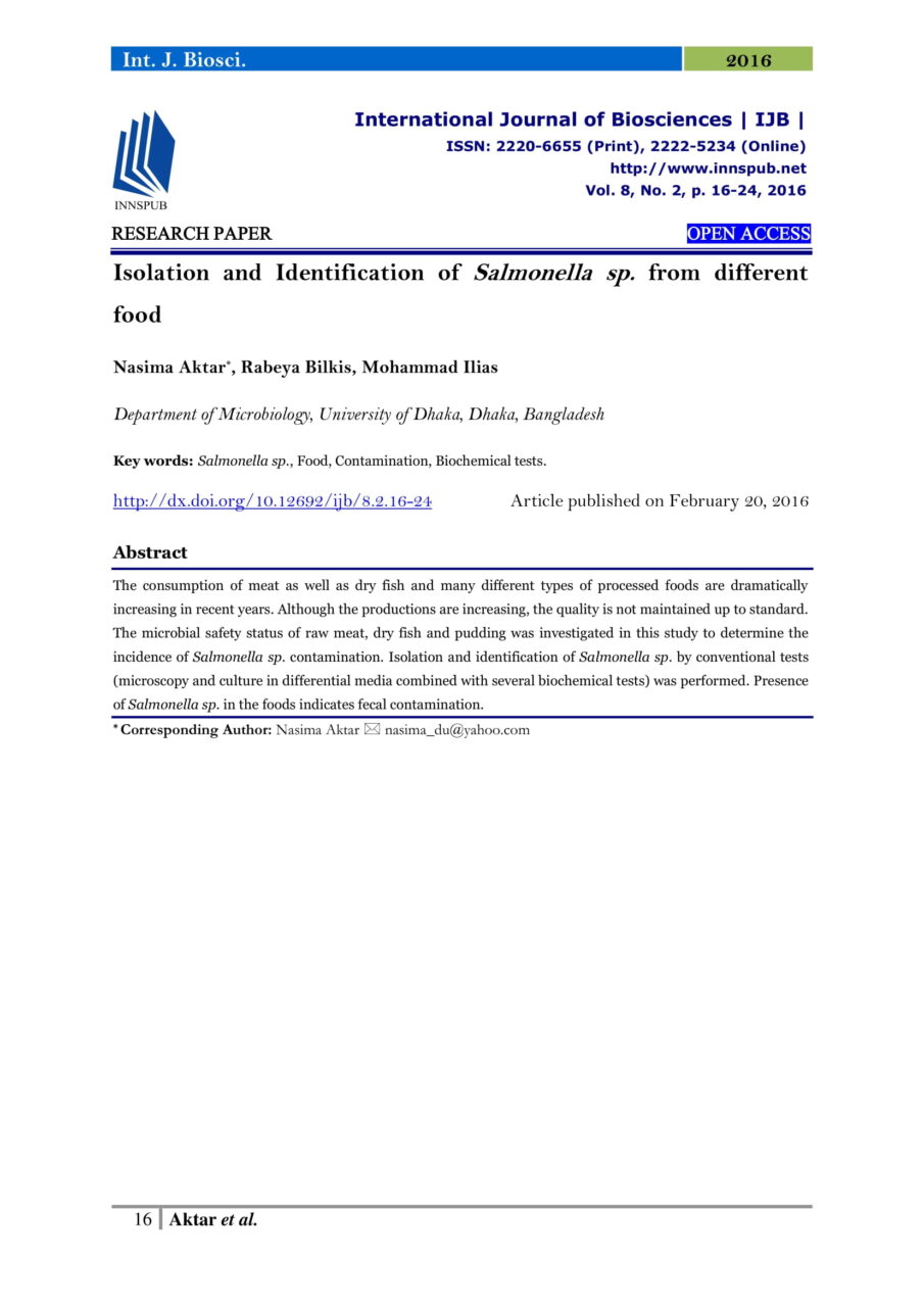 Isolation And Identification Of Salmonella Sp From Different Food