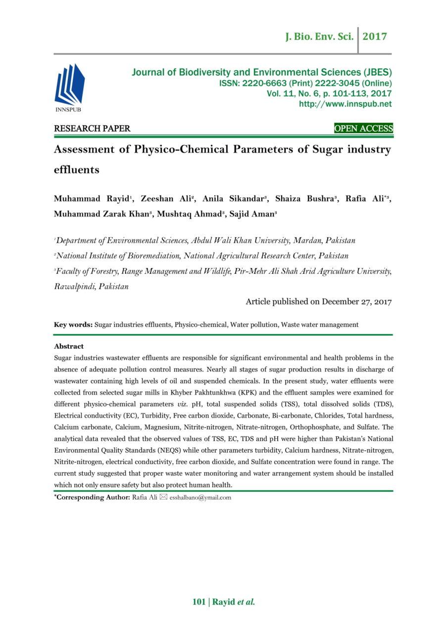 Assessment of Physico-Chemical Parameters of Sugar industry effluents