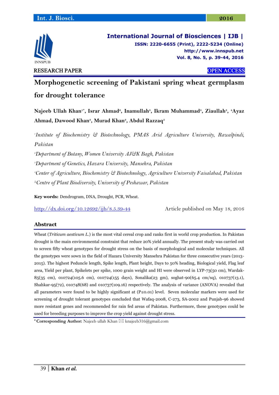 Morphogenetic screening of pakistani spring wheat germplasm for drought ...