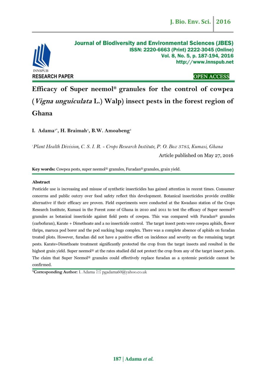 Efficacy of Super neemol® granules for the control of cowpea (Vigna ...
