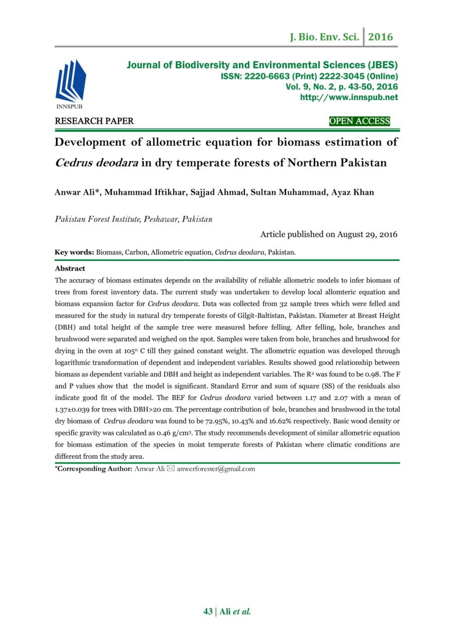 Development of allometric equation for biomass estimation of Cedrus ...