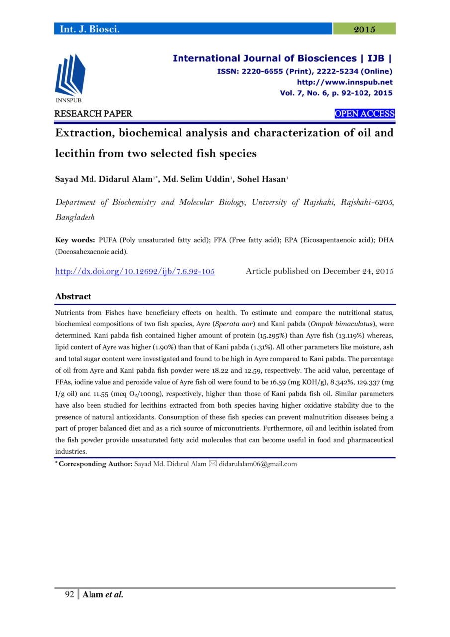 Extraction, biochemical analysis and characterization of oil and