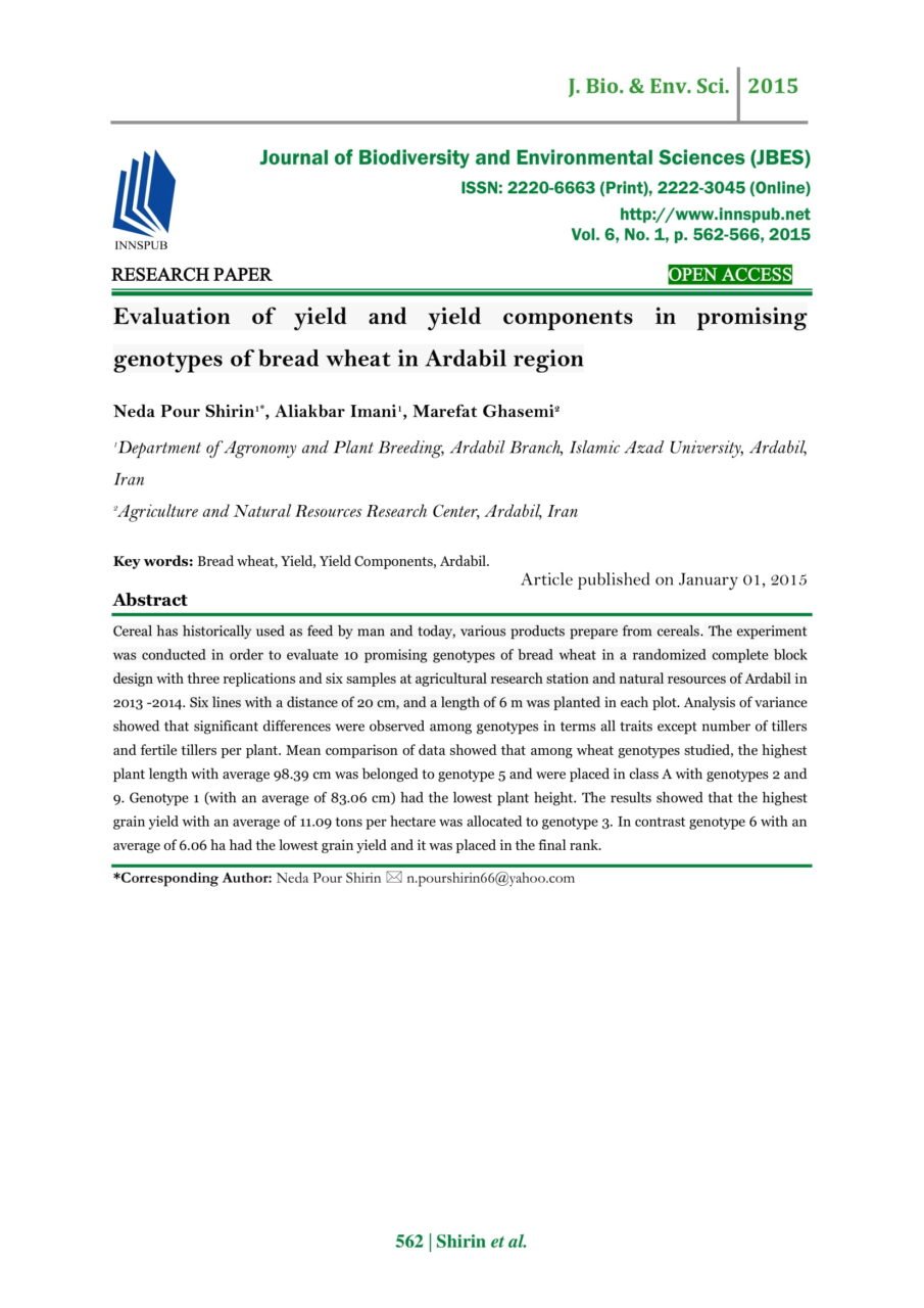 Evaluation of yield and yield components in promising genotypes of ...
