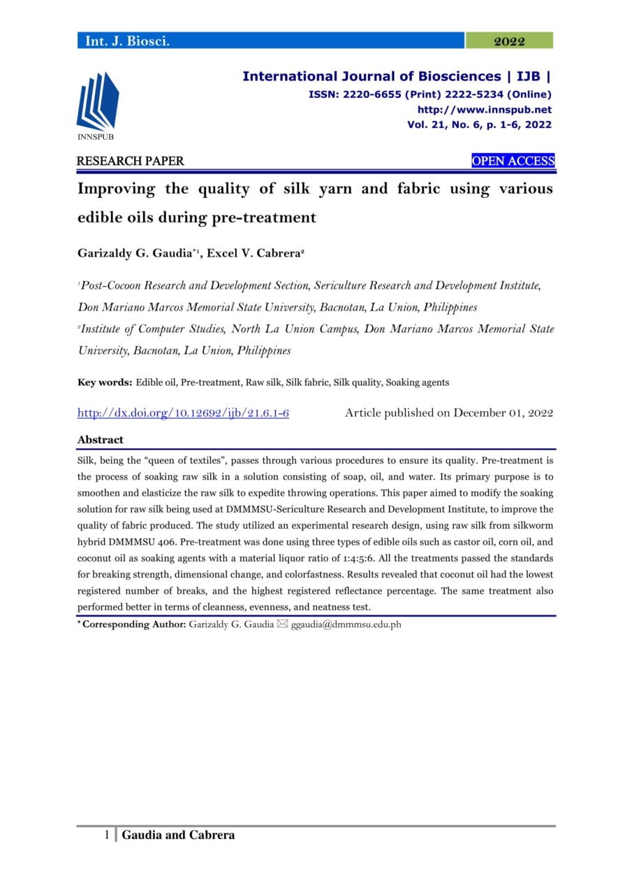 Improving the quality of silk yarn and fabric using various edible oils