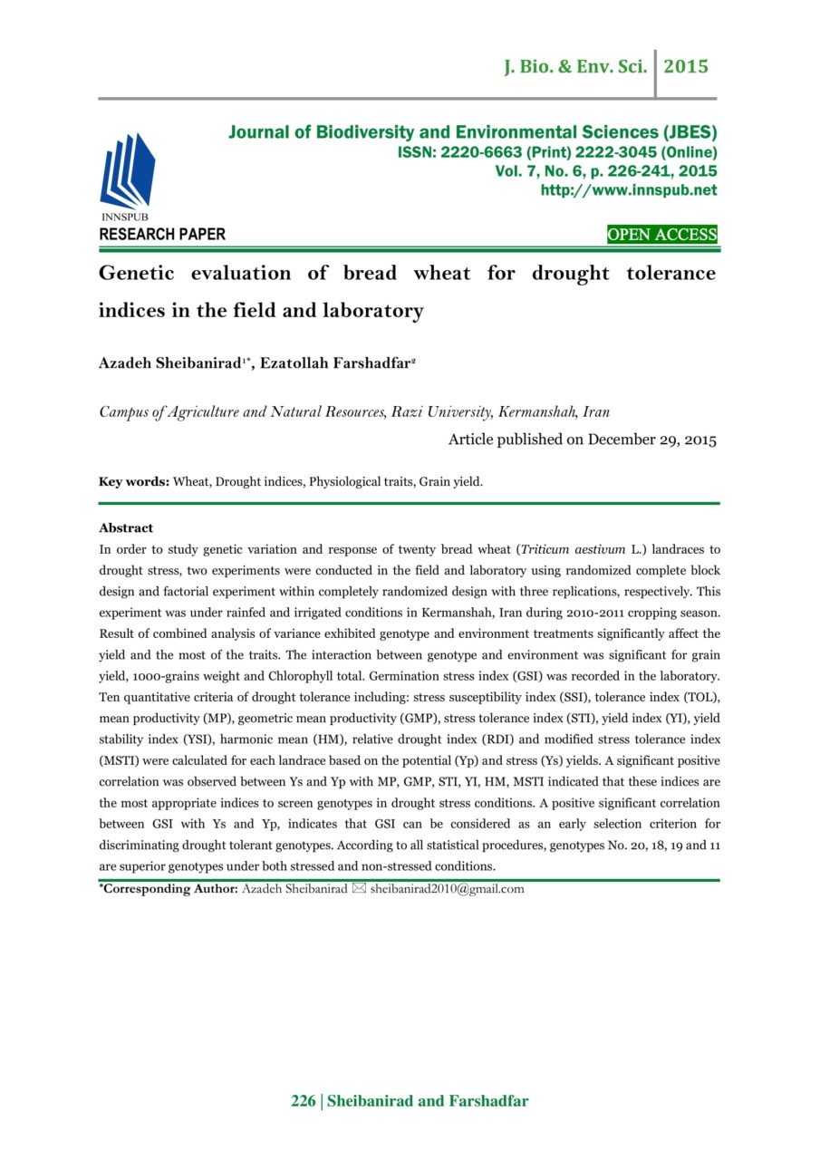 Genetic evaluation of bread wheat for drought tolerance indices in the ...