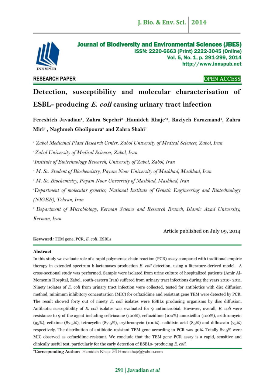 Detection Susceptibility And Molecular Characterisation Of ESBL   JBES V5 No1 P291 299 