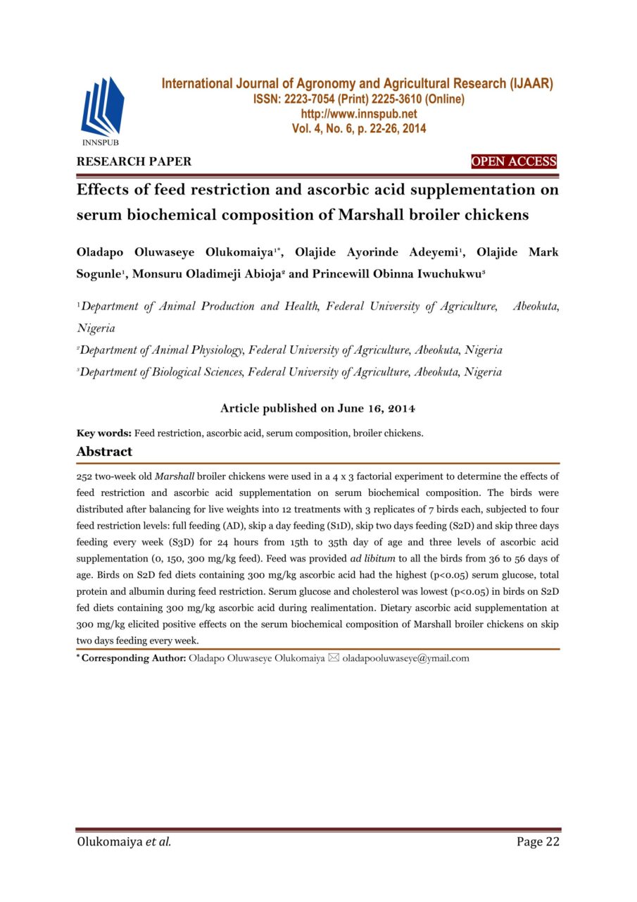 Effects of feed restriction and ascorbic acid supplementation on serum