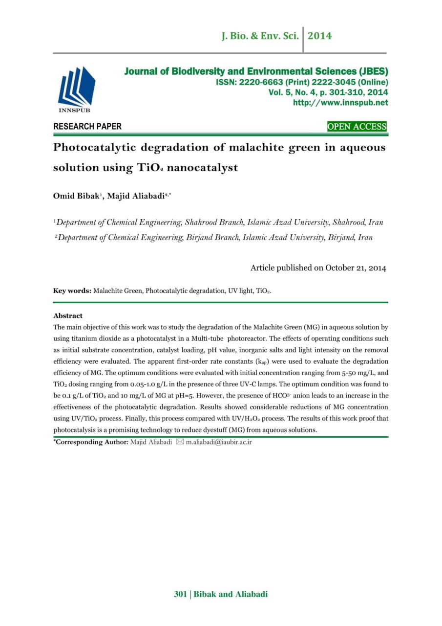 Photocatalytic degradation of malachite green in aqueous solution using ...