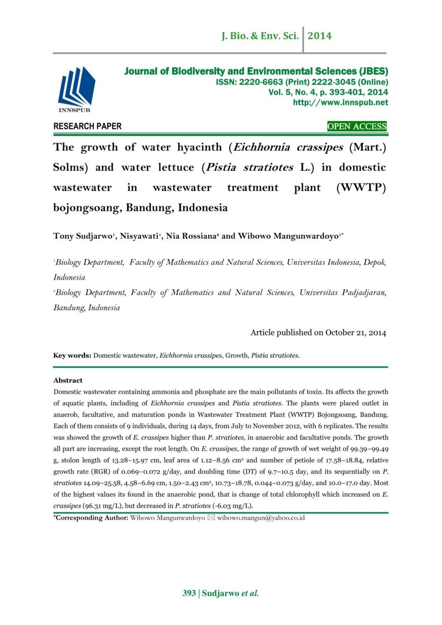 The growth of water hyacinth (Eichhornia crassipes (Mart.) Solms) and ...