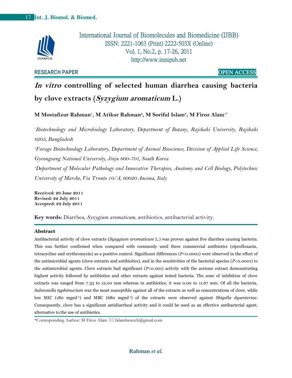 In vitro controlling of selected human diarrhea causing bacteria by