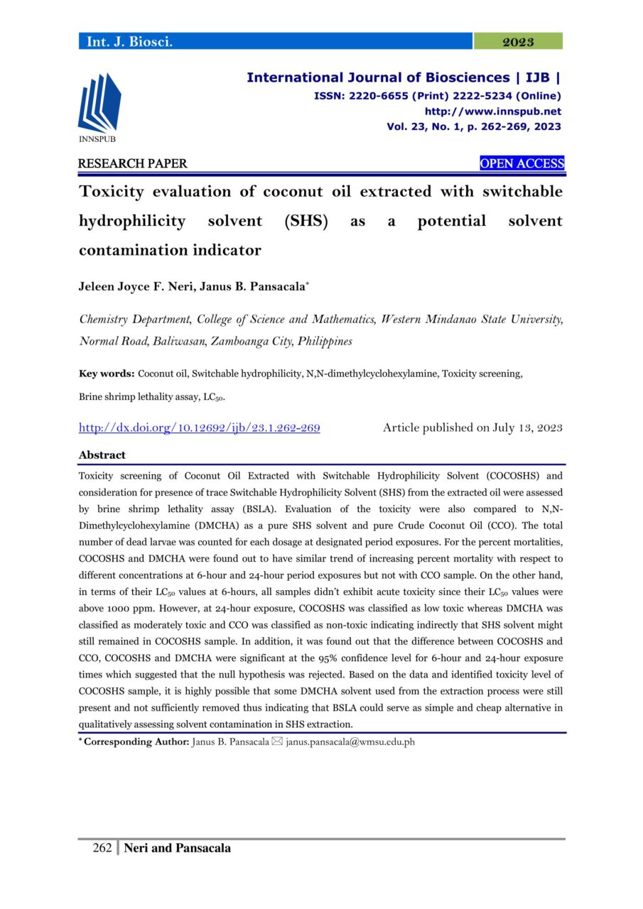 Toxicity Evaluation Of Coconut Oil Extracted With Switchable