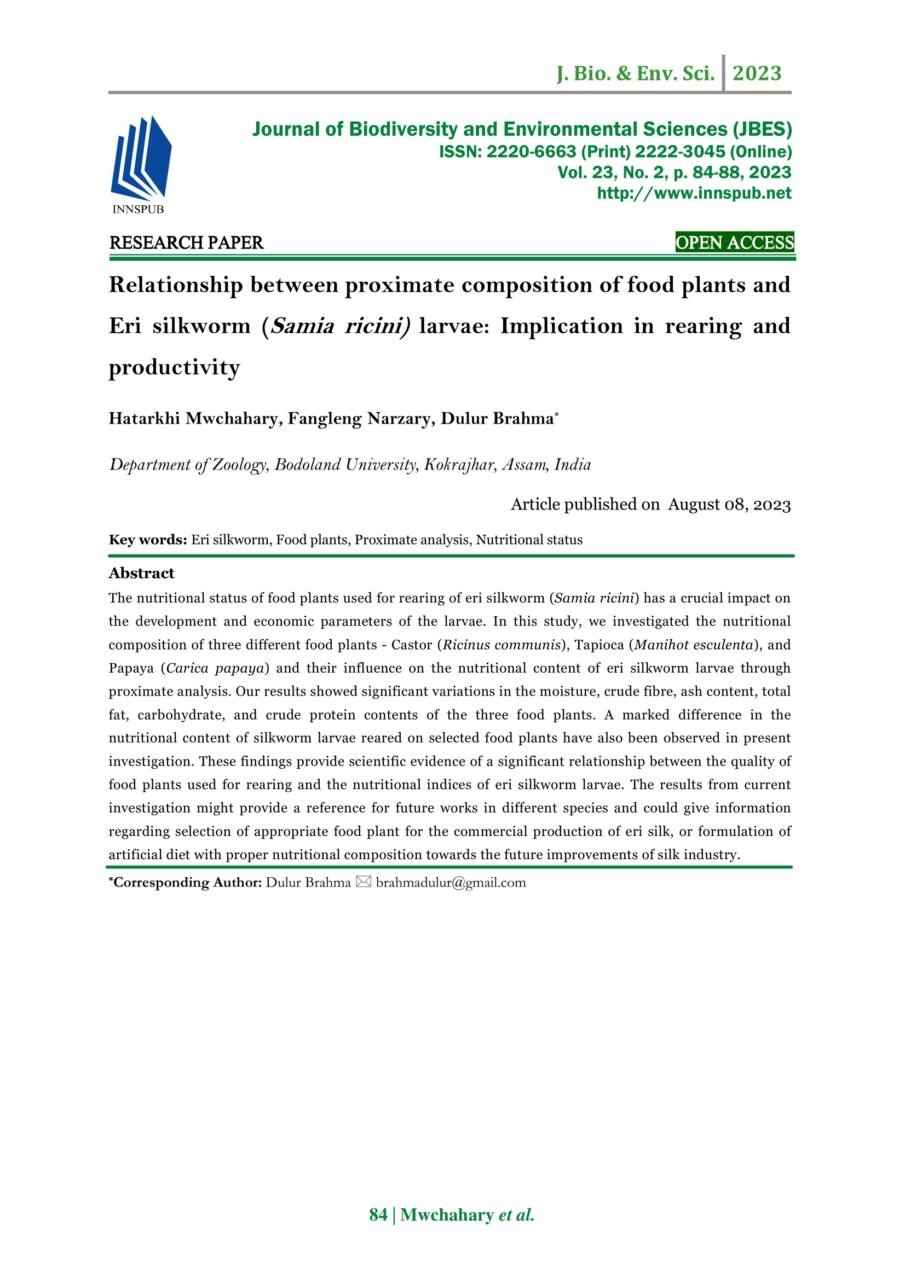 Samia Ricini Rearing Process Relationship between proximate composition of food plants and Eri ...
