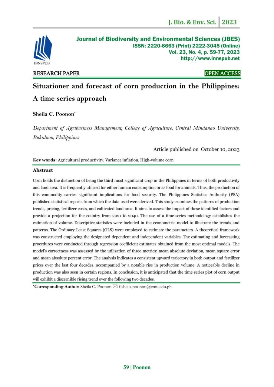 Situationer and forecast of corn production in the Philippines: A time ...