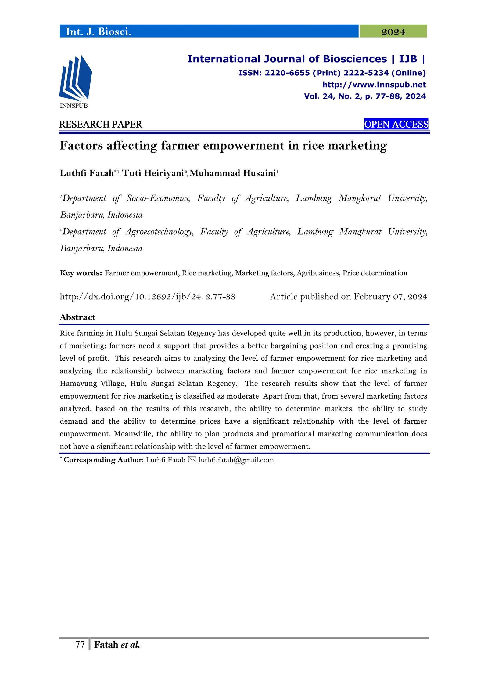 Factors affecting farmer empowerment in rice marketing