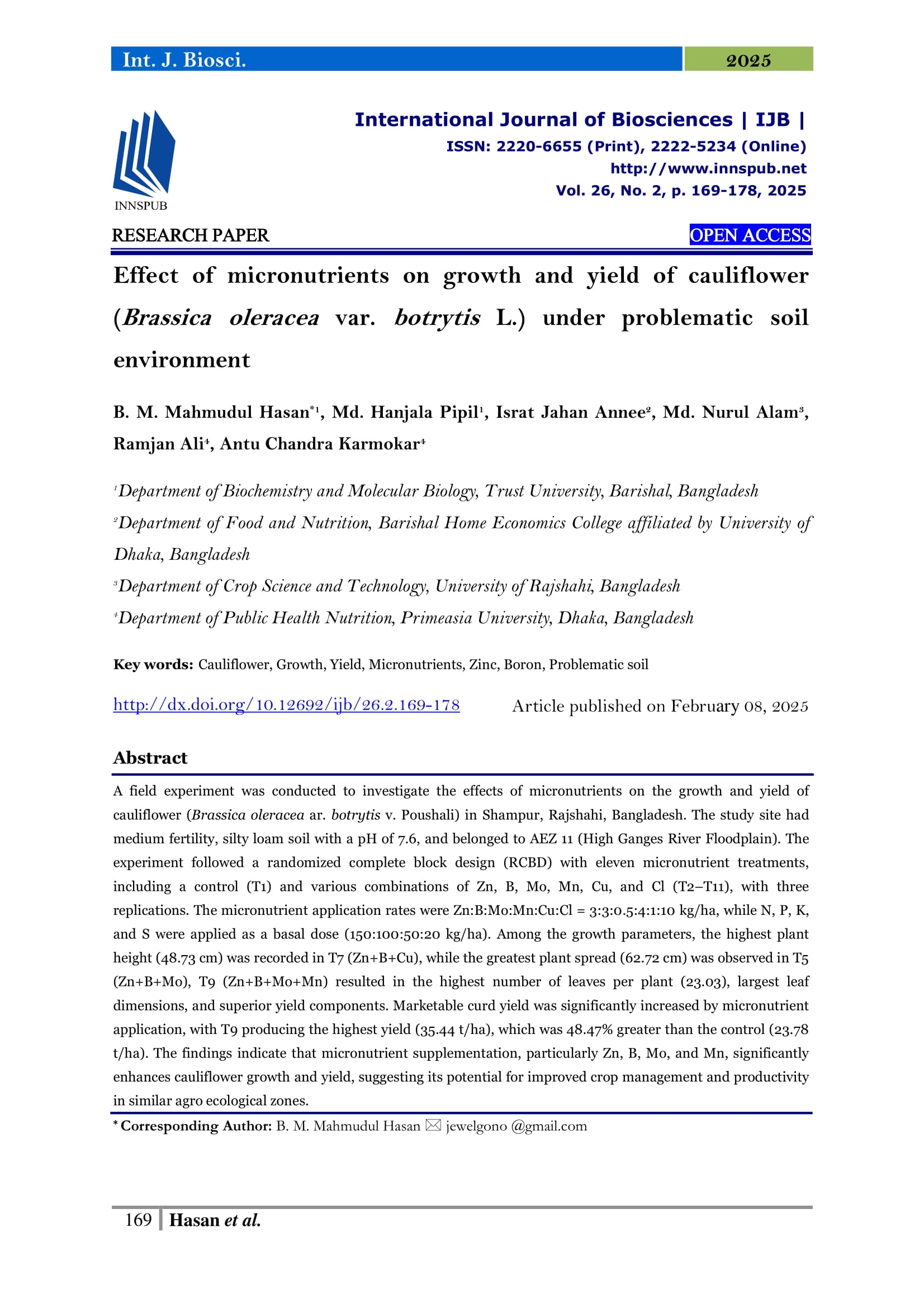 Effect of micronutrients on growth and yield of cauliflower (Brassica oleracea var. botrytis L.) under problematic soil environment