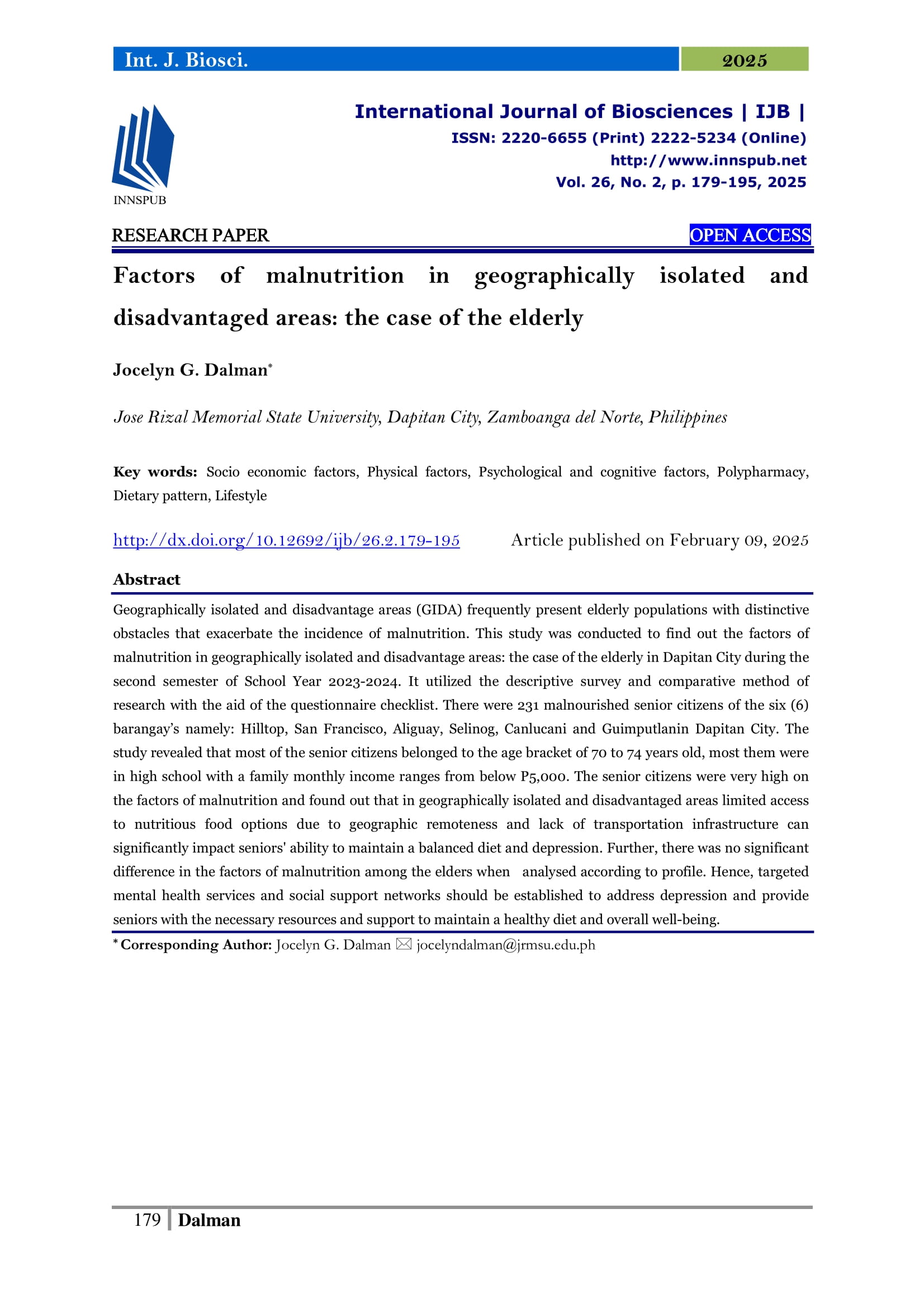 Factors of malnutrition in geographically isolated and disadvantaged areas: the case of the elderly