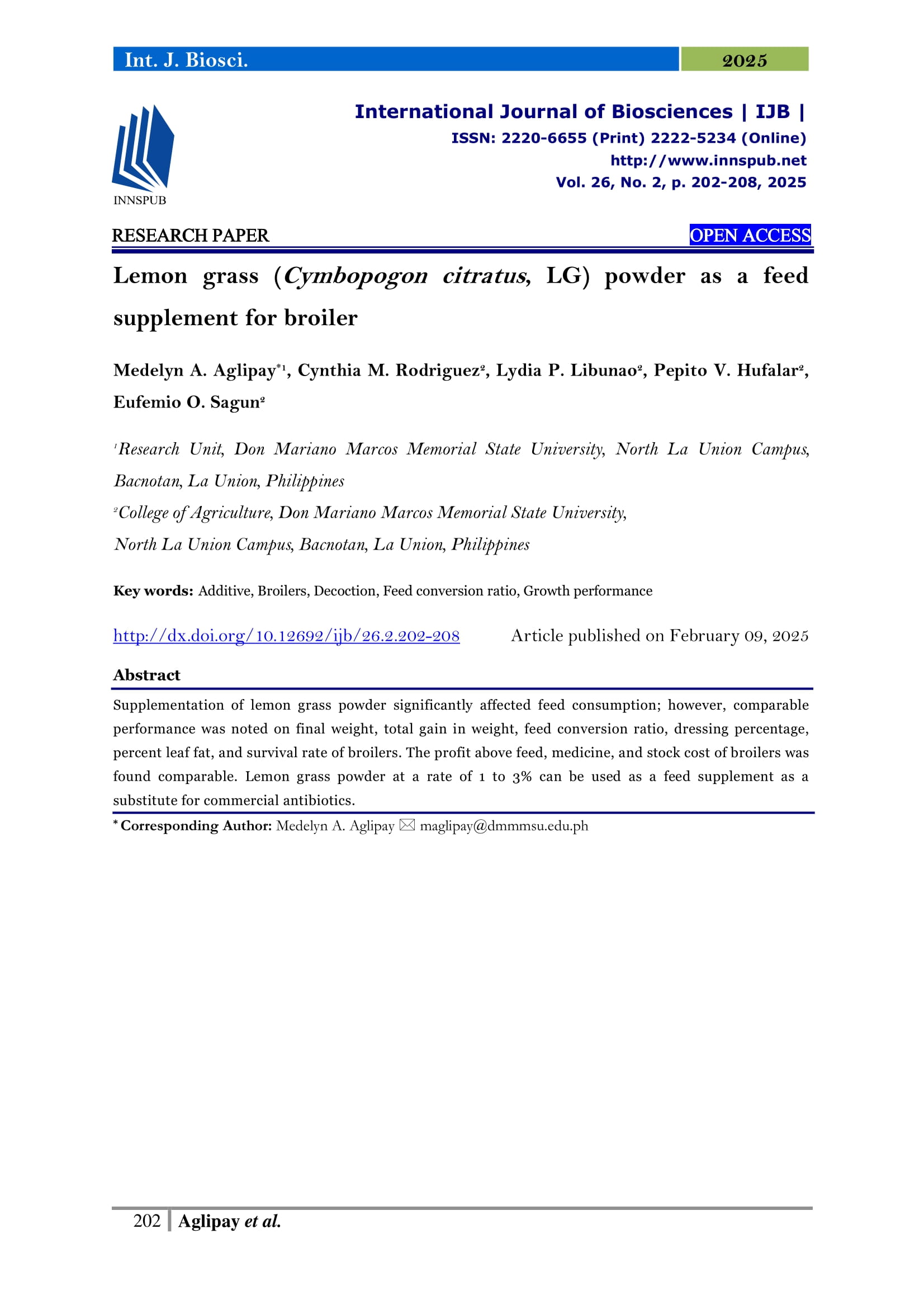 Lemon grass (Cymbopogon citratus, LG) powder as a feed supplement for broiler